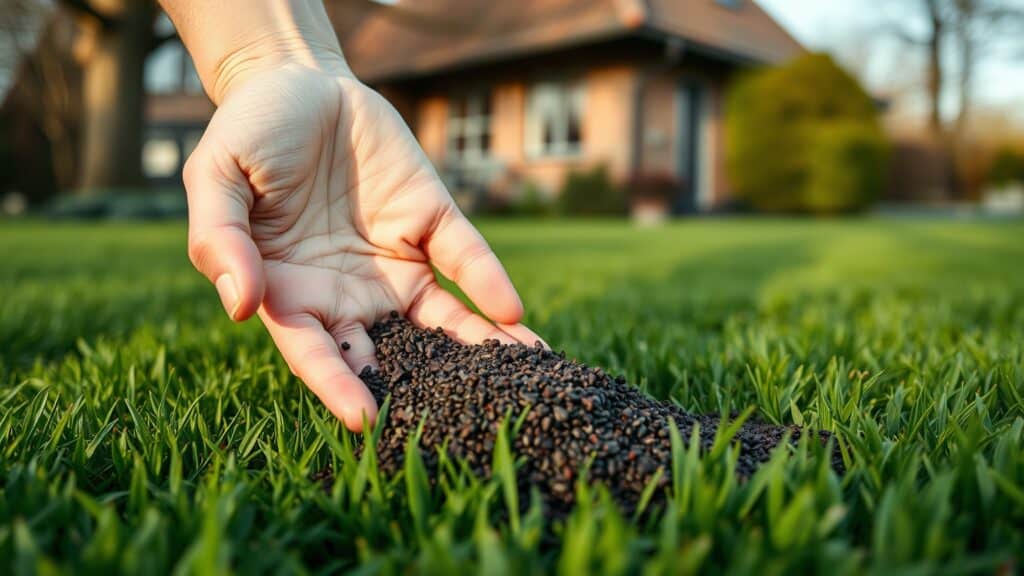 Hand strooit bloedmeel op een groen gazon in een Nederlandse tuin in het vroege voorjaar.