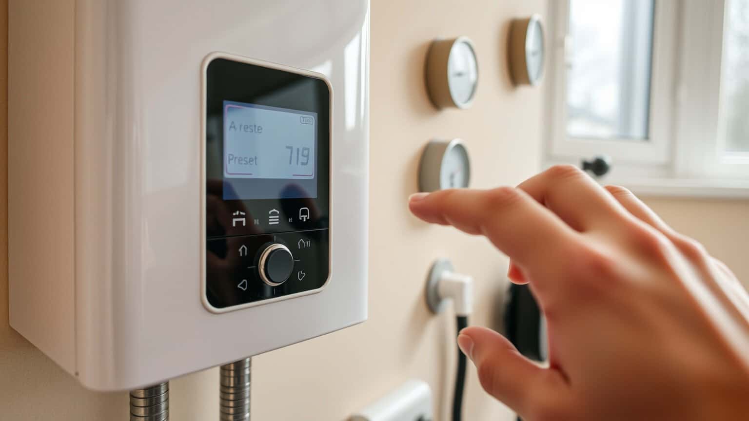 Hand die de resetknop van een cv-ketel indrukt in een Nederlandse kelder met drukmeter.
