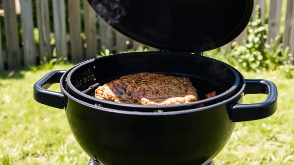 Gesloten bbq-deksel in een Nederlandse tuin met vlees dat gaar wordt onder indirecte warmte.