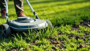 Persoon met maaier op nat gras in Nederlandse tuin tijdens eerste maaisessie na de winter