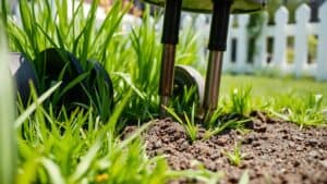 Gazonbeluchter maakt gaatjes in het gras tijdens een zonnige dag in de tuin.