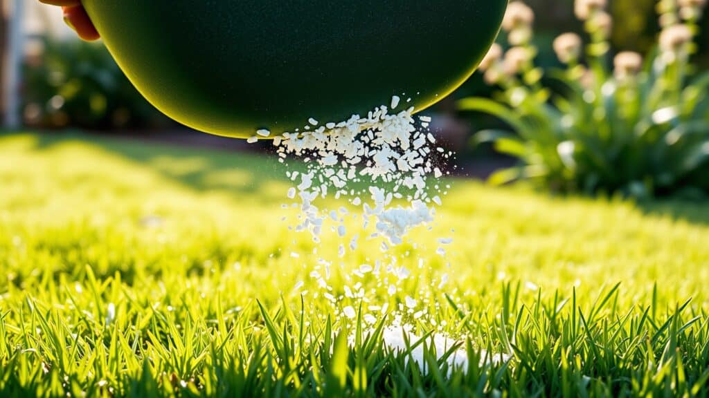 Hand strooit kunstmest en kalk op een groen gazon in een Nederlandse tuin.