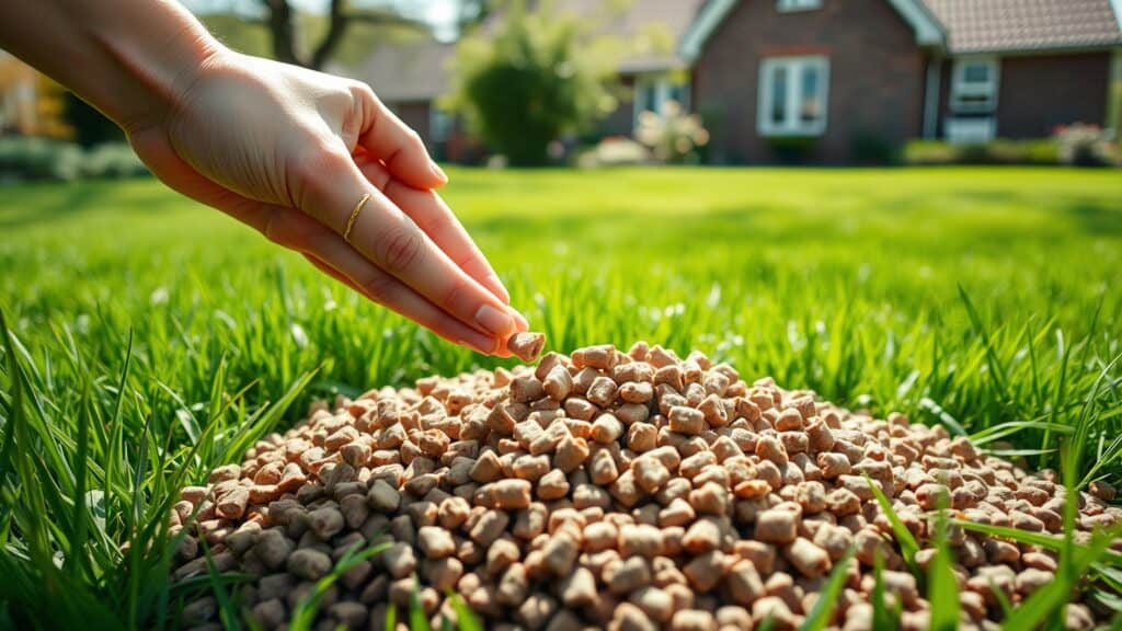 Hand strooit koemestkorrels op groen gazon in Nederlandse tuin met bakstenen huis op de achtergrond.