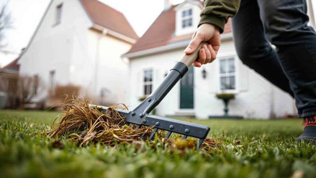 Persoon die een gazon verticutert met een hark in een Nederlandse tuin voor een wit huis.