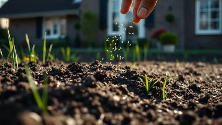 Hand die graszaad strooit op vers omgegraven aarde in een Nederlandse tuin tijdens het voorjaar.