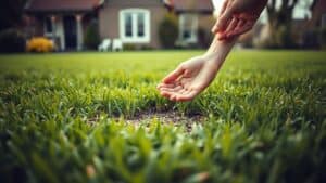 Hand strooit graszaad op kale plek in gazon van Nederlandse tuin in het voorjaar.