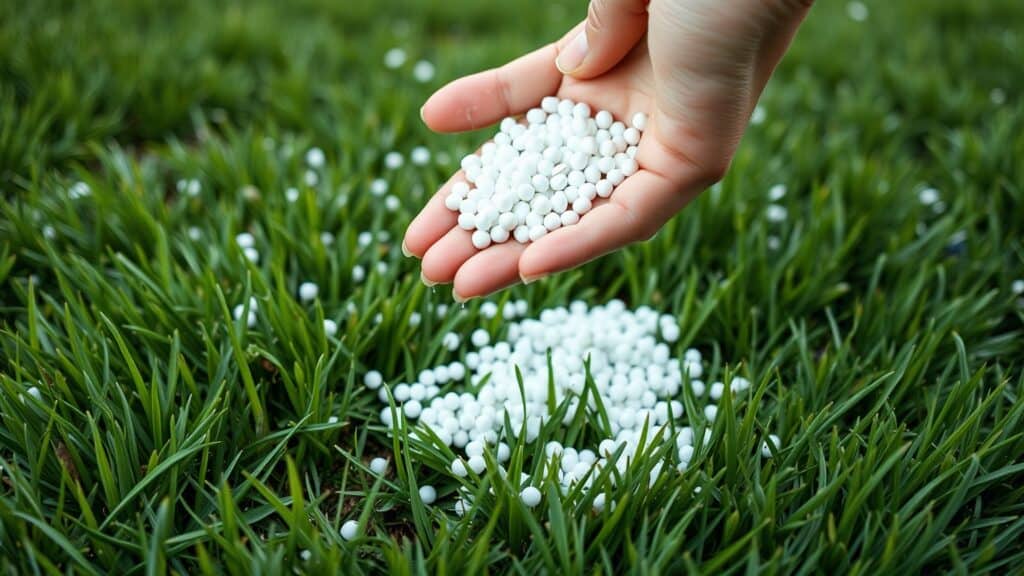 Hand strooit witte kalkkorrels op een groen gazon in een Nederlandse tuin tijdens het vroege voorjaar.
