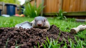Een mol die boven de grond komt uit een bult aarde in een Nederlandse tuin.