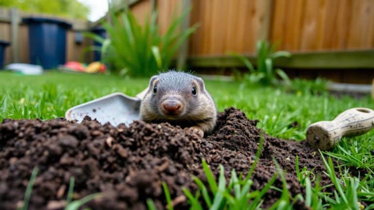 Een mol die boven de grond komt uit een bult aarde in een Nederlandse tuin.
