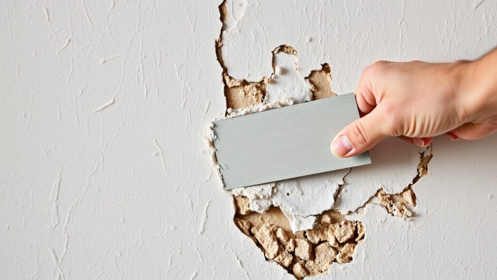 Hand die loszittend en gebarsten oud stucwerk van een muur schraapt tijdens een renovatie.