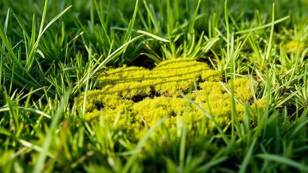 Groene mosplekken in een Nederlands gazon tijdens het voorjaar, zichtbaar tussen de grasbladeren.