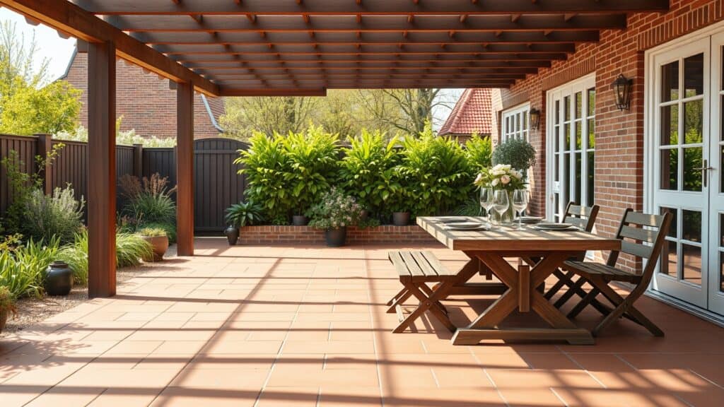 Gereinigd terras met terracotta tegels en barbecue in een Nederlandse tuin in het voorjaar.