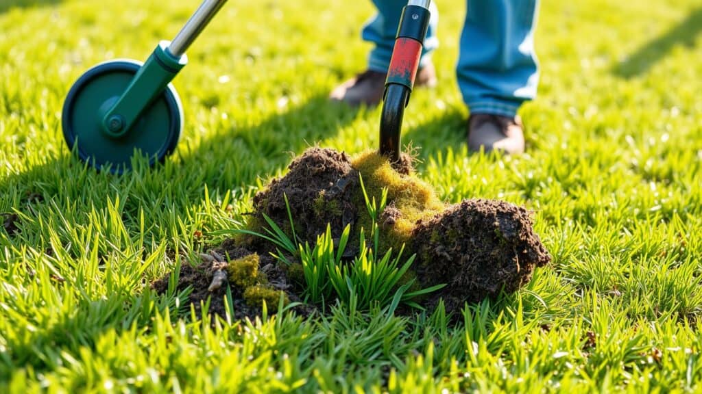 Pers die een verticuter gebruikt op een groen gazon in een Nederlandse tuin om vilt en mos te verwijderen.