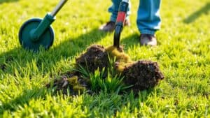 Pers die een verticuter gebruikt op een groen gazon in een Nederlandse tuin om vilt en mos te verwijderen.