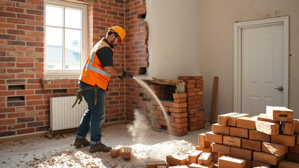 Sloopbedrijf dat een muur in een Nederlandse woning afbreekt met precisiewerk en stof in de lucht.