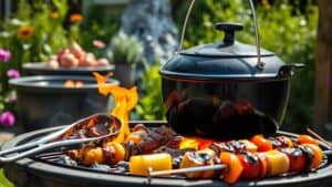 Klassieke houtskoolbarbecue in een Nederlandse tuin met gloeiende kolen en keukengerei.