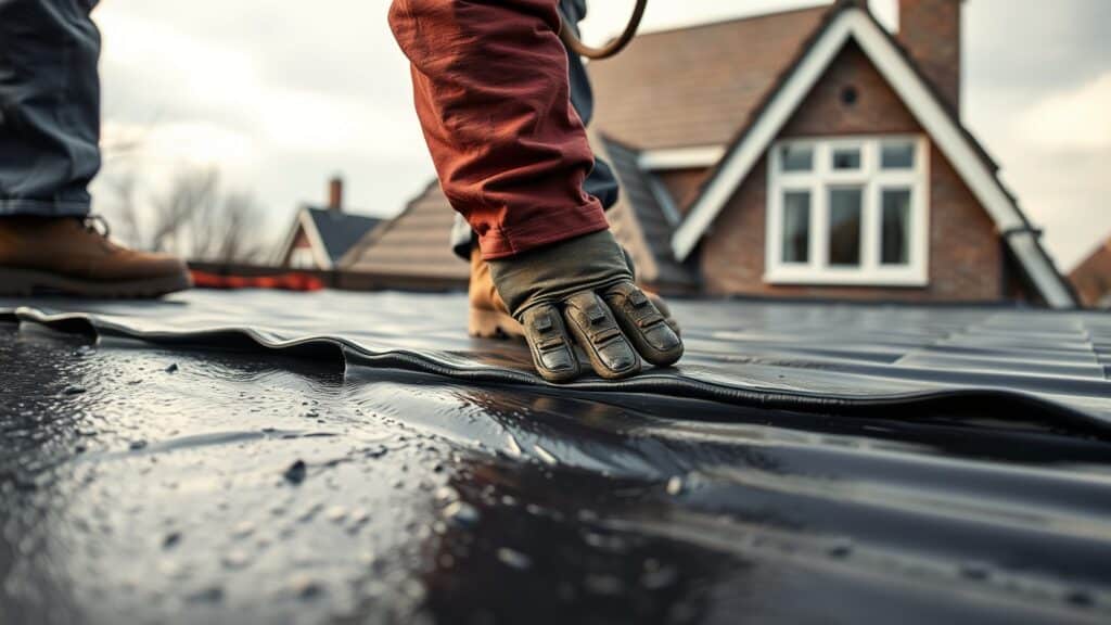 Arbeider die zwarte bitumen dakbedekking aanbrengt op een plat dak van een Nederlands huis.