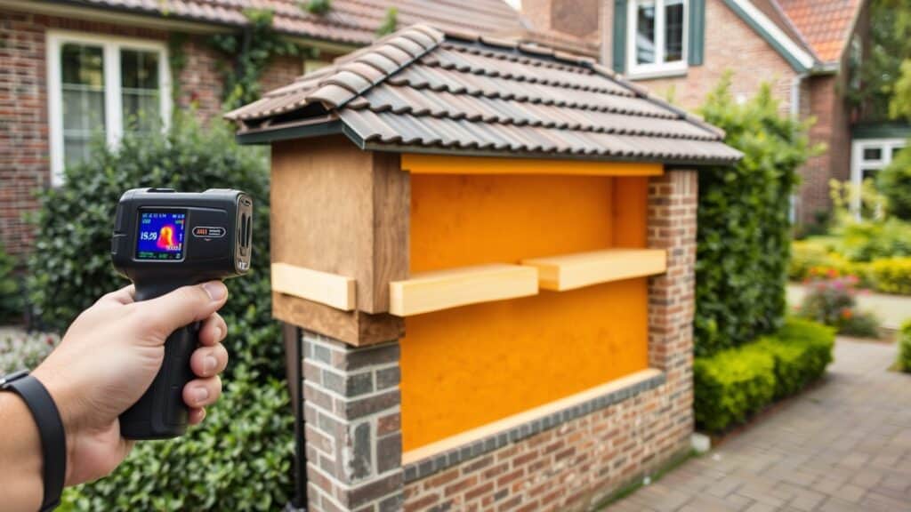 Kruisdoorsnede van een Nederlandse muur met isolatielaag en thermische scanner in de tuin.