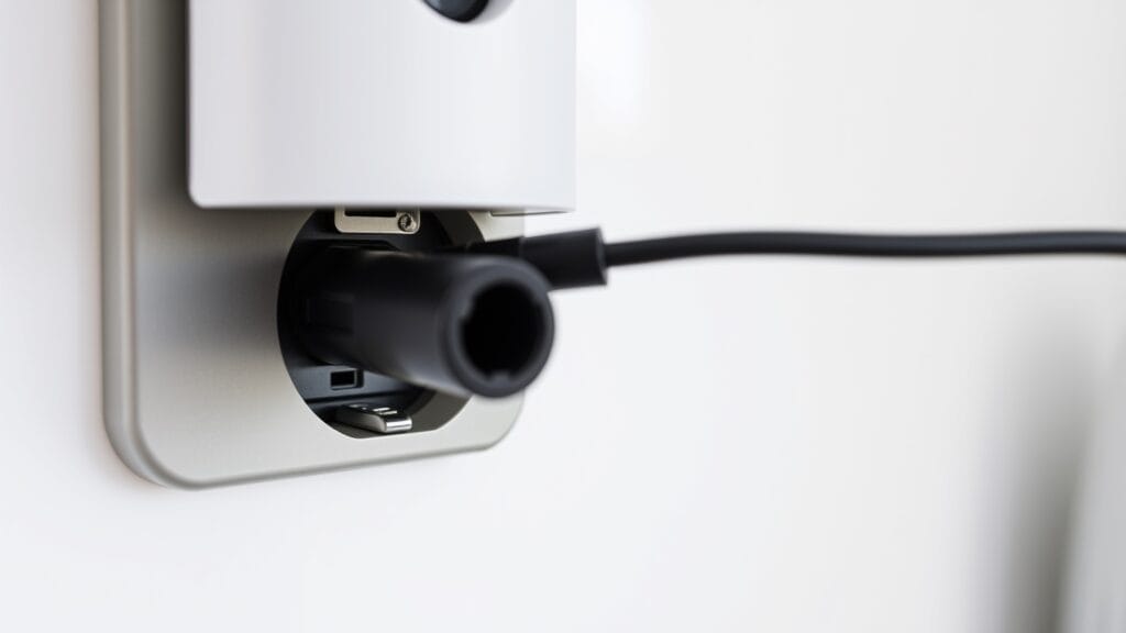 Nederlands geaard stopcontact type F met metalen aardepennen, aangesloten op een koffiezetapparaat.