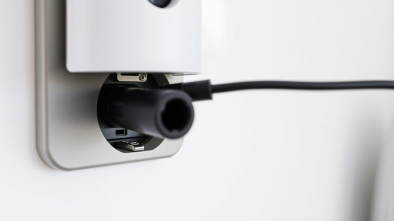 Nederlands geaard stopcontact type F met metalen aardepennen, aangesloten op een koffiezetapparaat.