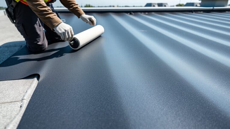 Installatie van een zwart EPDM rubber membraan op een plat dak door een vakman.