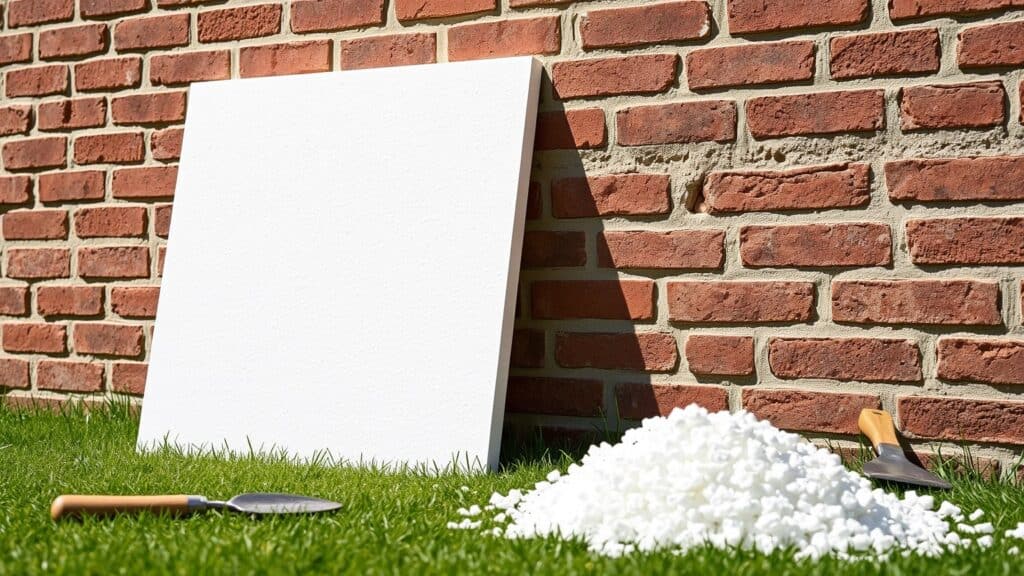 Witte EPS isolatieplank tegen een bakstenen muur in een Nederlandse tuin met een schep en schuimresten op het gras.