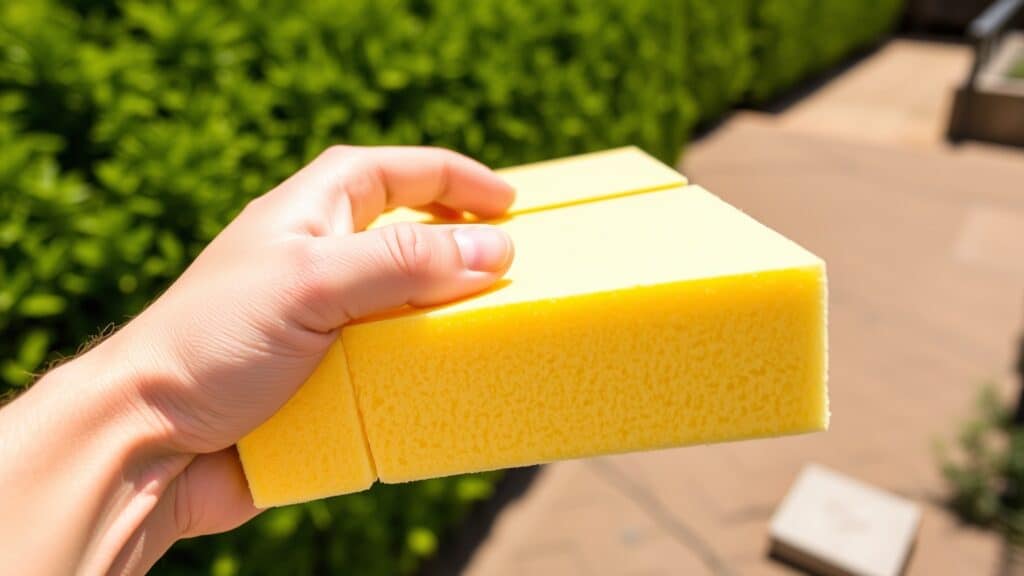 Hand houdt een gele PIR isolatieplaat vast in een Nederlandse tuin met groene heggen op de achtergrond.