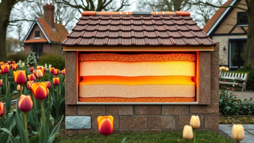 Dwarsdoorsnede van een Nederlandse gevel met isolatielaag en warmtegradiënt in de tuin.