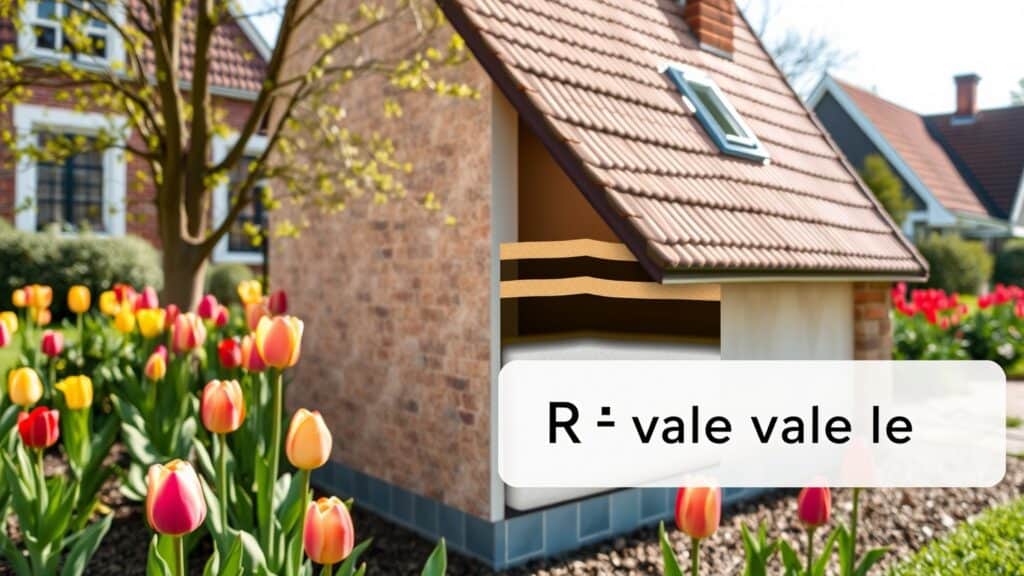 Scheiding van een Nederlandse gevel met isolatielaag en Rd-waarde, met tuin op de achtergrond.