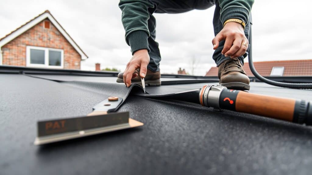 Vakman legt zwarte bitumen dakbedekking op een plat dak in Nederland.