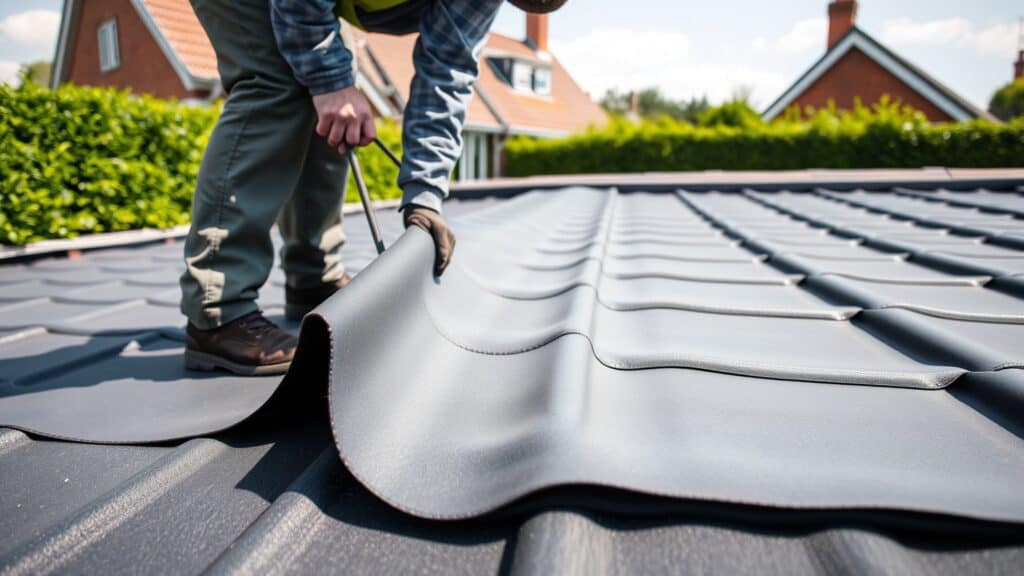 Dakdekker legt EPDM dakbedekking aan op een plat dak van een Nederlandse bakstenen woning.