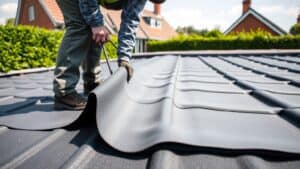 Dakdekker legt EPDM dakbedekking aan op een plat dak van een Nederlandse bakstenen woning.