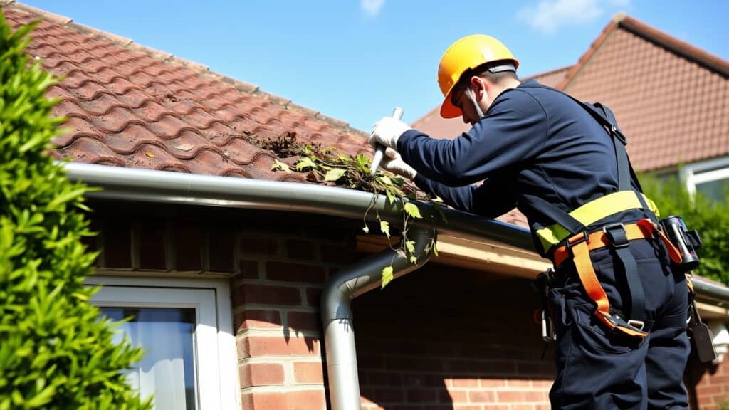 Vakman reinigt verstopte dakgoot van een Nederlandse bakstenen woning met een schep.