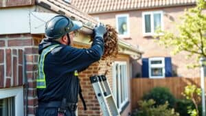 Vakman die de dakgoot van een Nederlandse bakstenen woning schoonmaakt met een ladder in de tuin.