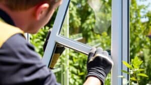 Glazier plaatst nieuw dubbelglas in een wit kunststof kozijn in een Nederlandse tuin.