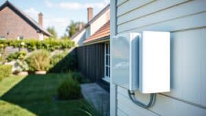 Moderne thuisbatterij aan de muur van een Nederlands huis met zonnepanelen op het dak.
