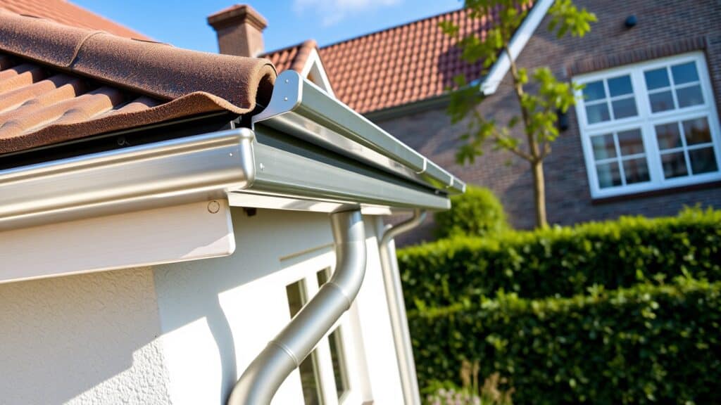 Nieuwe zinken dakgoot gemonteerd aan de rand van een Nederlands huis met een groene tuin op de achtergrond.
