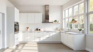 Moderne witte modulaire keuken met matte fronten in een licht Nederlands huis met uitzicht op de tuin.