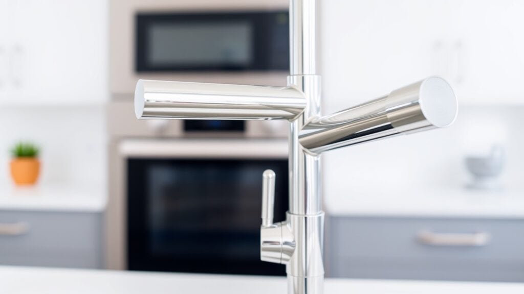 Moderne chromen keukenkraan met uittrekbare uitloop op een witte werkblad in een heldere keuken.