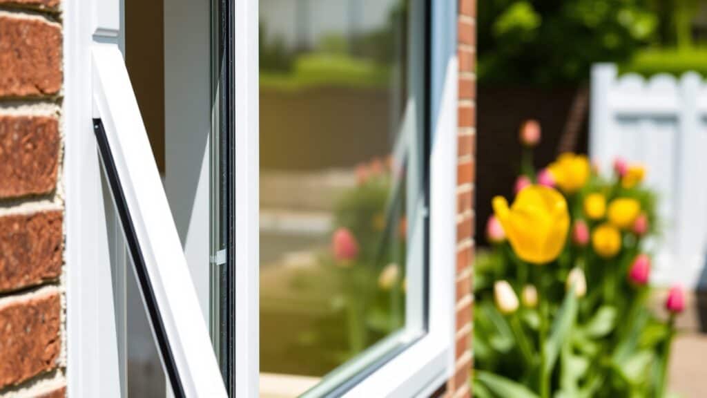 Wit kunststof kozijn met dubbelglas in een bakstenen muur, met op de achtergrond een groene Nederlandse tuin.
