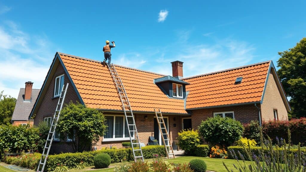 Nederlands huis met nieuw dak, dakpannen en isolatie tijdens de renovatie in de tuin.