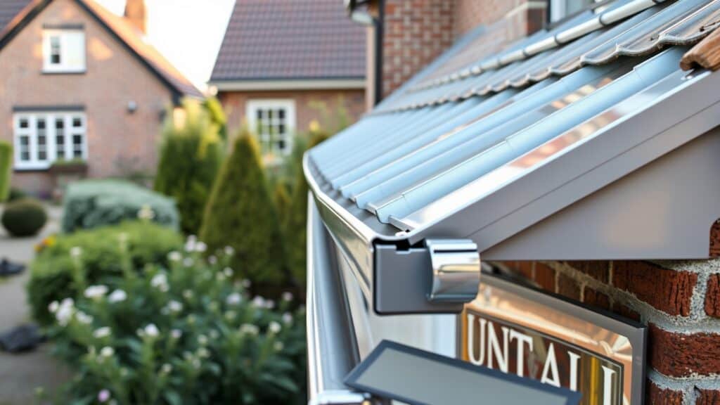 Nieuwe glanzende zinken dakgoot op een Nederlandse bakstenen gevel met groene tuin op de achtergrond.
