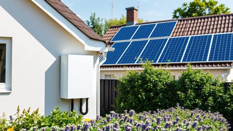 Thuisbatterij aan de muur van een huis naast zonnepanelen op het dak, met een groene tuin op de voorgrond.