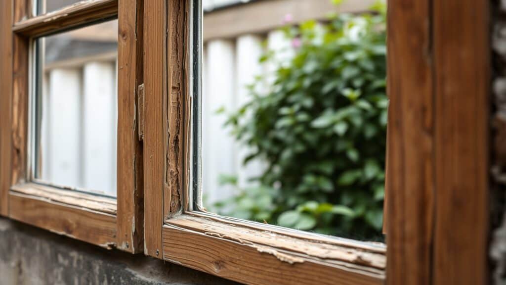 Houten kozijn met zichtbare houtrot in een Nederlandse tuin, met zacht verweerd hout en groen bladeren op de achtergrond.