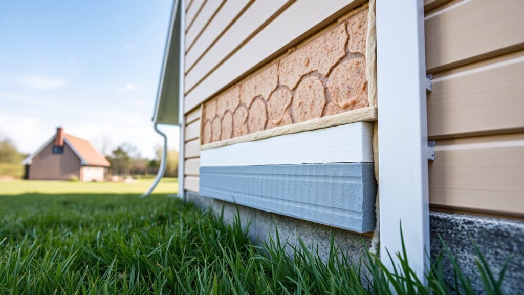 Dutch house wall with exposed insulation layers in a garden setting.