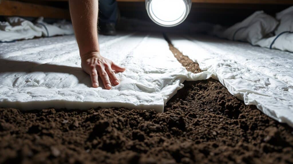 Werknemer legt isolatiemateriaal in de kruipruimte van een Nederlands huis om kou en vocht tegen te gaan.