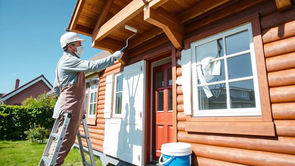 Schilder die het houten kozijn van een Nederlands huis wit schildert met een roller in de tuin.