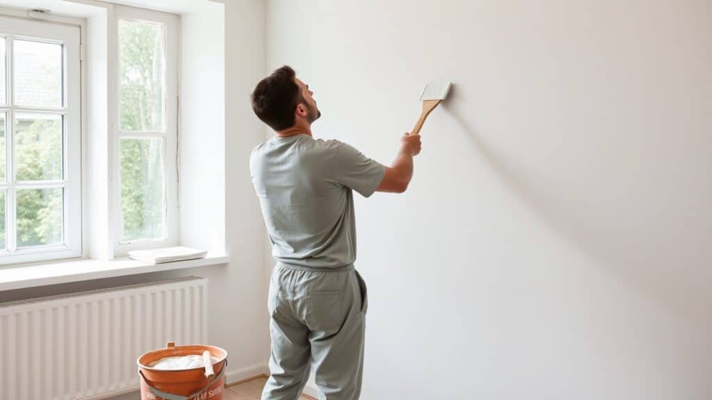 Stucwerker die met een lijnlood glad pleisterwerk aanbrengt op een muur in een Nederlandse woonkamer.