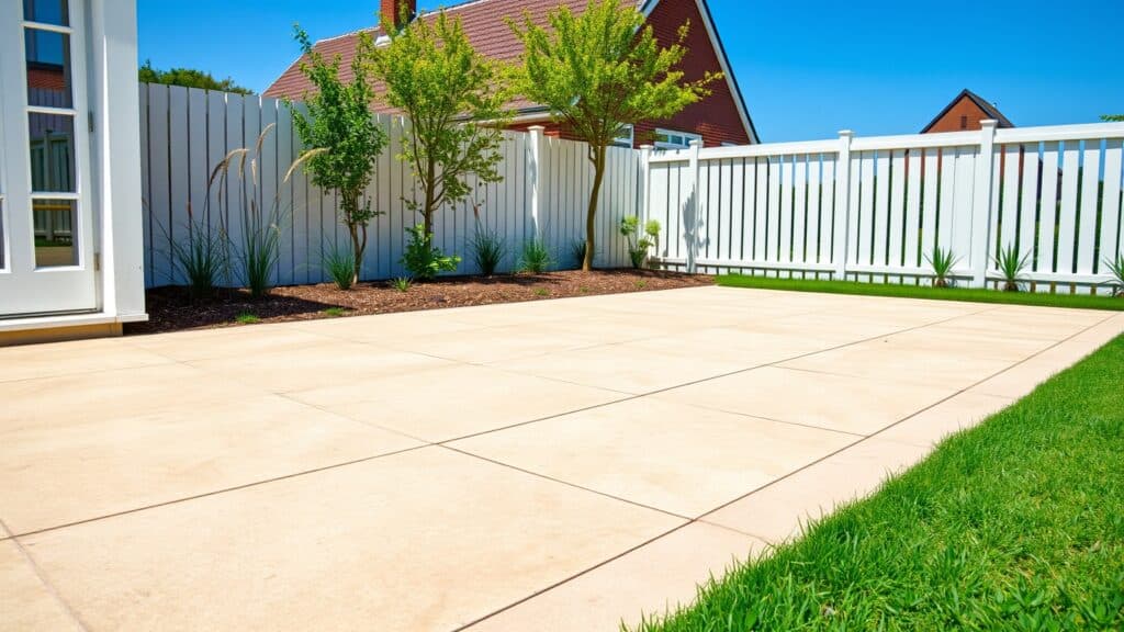 Nieuw aangelegd terras met betonnen tegels in een Nederlandse tuin, omgeven door gras en een witte schutting.