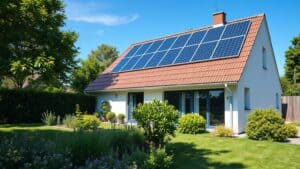 Tien zonnepanelen op het schuine dak van een Nederlands huis met een groene tuin op de voorgrond.